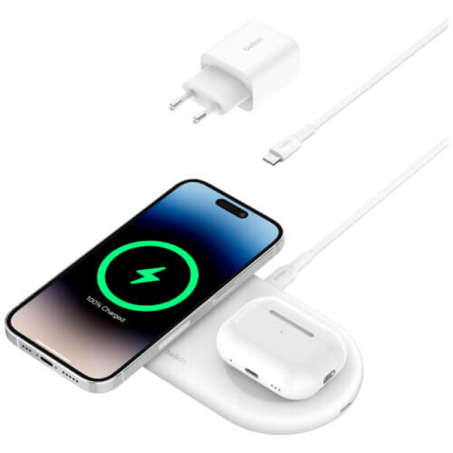 Бездротове ЗУ Belkin BoostCharge Pro 2in1 Magnetic Pad with Qi2 15W White (WIZ021VFWH)