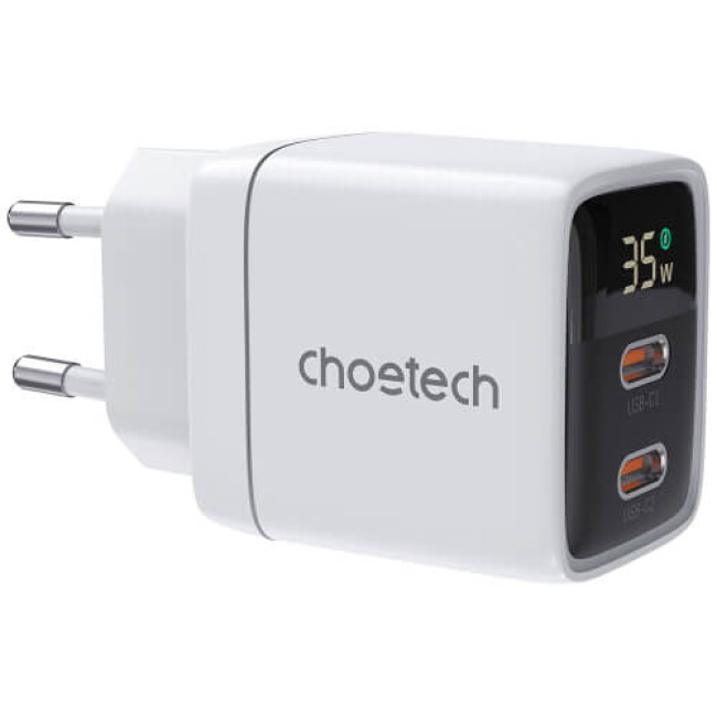 Зарядний пристрій Choetech 35W GaN Dual USB-C Display Wall Charger White (PD6051-WH)