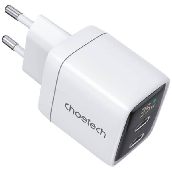 Зарядное устройство Choetech 35W GaN Dual USB-C Display Wall Charger White (PD6051-WH)