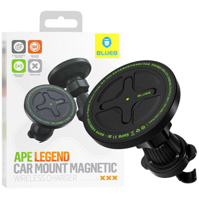 Держатель Blueo Ape Legend Car Mount Magnetic Wireless Charger Black (BC5955B)