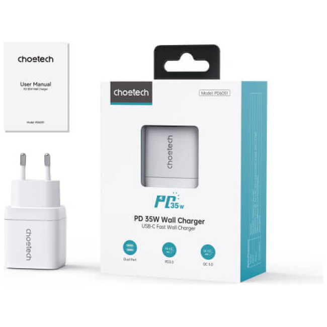 Зарядное устройство Choetech 35W GaN Dual USB-C Display Wall Charger White (PD6051-WH)