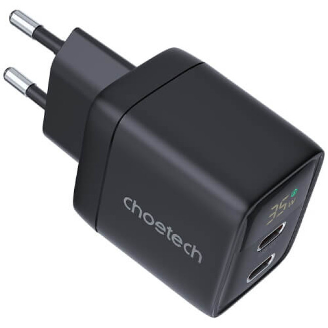 Зарядное устройство Choetech 35W GaN Dual USB-C Display Wall Charger Black (PD6051-BK)