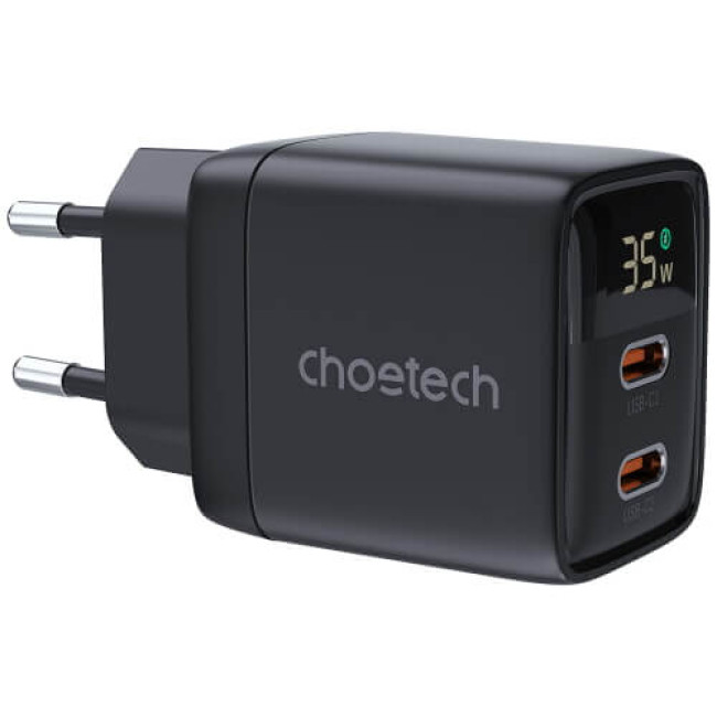 Зарядное устройство Choetech 35W GaN Dual USB-C Display Wall Charger Black (PD6051-BK)