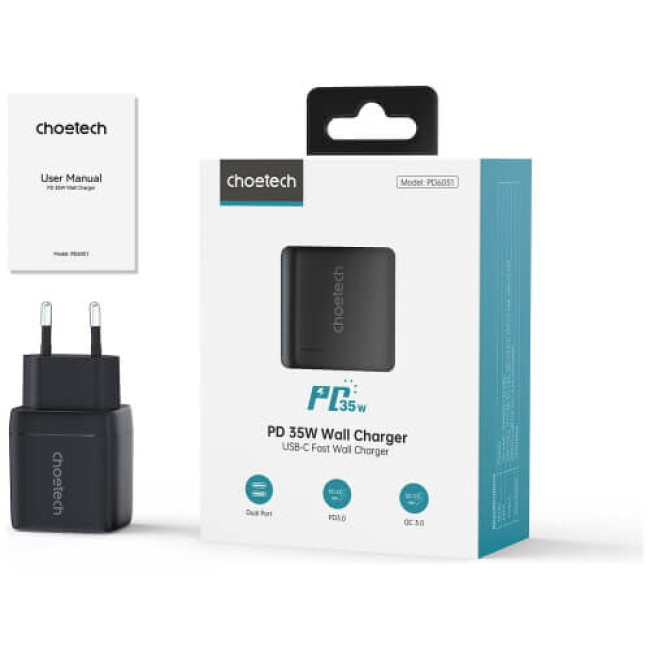 Зарядное устройство Choetech 35W GaN Dual USB-C Display Wall Charger Black (PD6051-BK)